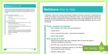 Meltdowns How to Help Information Sheet - autism, meltdown, tantrum, behaviour management, sensory overload