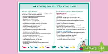 EYFS Reading Area Reception FS2 Next Steps Prompt Poster - prompt sheets, Early Years Next Steps, Continuous Provision, Reception, FS2, Assessment, Next Steps, Progress, Indi