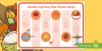 Autumn Leaf Soup Mud Kitchen Prompt Card Recipe - Early Years Mud Kitchen, Mud Kitchen Recipe, Mud Kitchen Recipe Card, Mud Cafe, Garden Cafe, Outside