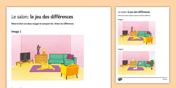 Living Room Spot the Differences Worksheet / Worksheet French - french, Living Room, Furniture, Preposition, Description, Salon, Picture, Difference