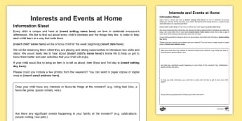 Interests and Events at Home Parent's Letter - In the Moment Planning, Anna Ephgrave, ITMP, information sharing, parents, carers, home information,