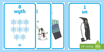 Winter Themed Number with Words & Numbers (1 - 10) Display Posters English/Welsh - numbers, welsh numbers, numeracy, welsh posters, winter,Welsh