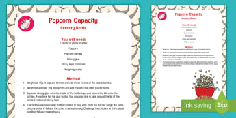 Popcorn Capacity Sensory Bottle - Maths, Mathematics, full, empty, Sensory Play, heavy, light, shape space and measure