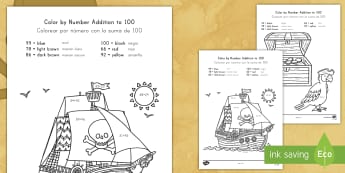 Pirate Themed Addition to 100 Color by Numbers English/Spanish -  pirate, addition to 100, color by numbers, color, numbers, add, 100, addition,numbes,nubers,+,aditi