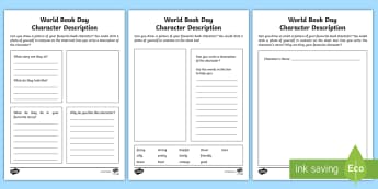 World Book Day Character Description Worksheets - EYFS, KS1, Literacy, English, Reading, Stories, Traditional Tales, Favourite Books, Dressing Up, Sto
