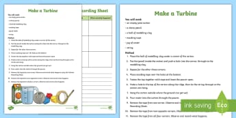 Make a Turbine Activity - wind power, renewable energy, Newton's theory, action and reaction, wind power