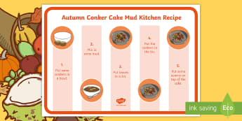 Autumn Conker Cake Mud Kitchen Prompt Card Recipe - Early Years Mud Kitchen, Mud Kitchen Recipe, Mud Kitchen Recipe Card, Mud Cafe, Garden Cafe, Outside