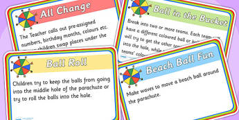 Parachute Games Activity Cards - parachute games, games, parachute, activity cards, game cards, word cards, cards, matching cards, cards for activities 