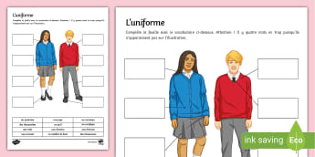 School Uniform Worksheet / Worksheet French  - Writing, KS3, Education, collège, école, éducation, uniforme, scolaire