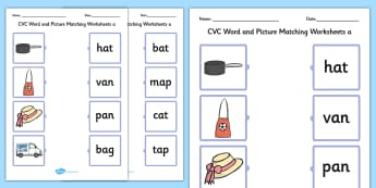 CVC Word and Picture Matching Worksheets a - cvc, matching, a