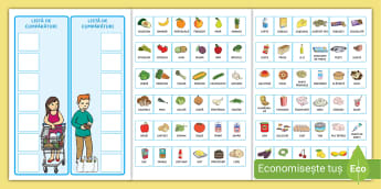 Lista de cumpărături cu cartonașe ilustrate Activitate - comunicare, joc de rol, la cumparaturi, alimentatie, alimente, sunt sanatos, mancare, Romanian