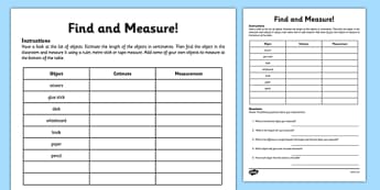 Find and Measure Classroom Objects Worksheet / Worksheet - measurement, estimate, estimation, measuring, objects, size, ruler, tape measure, classroom, maths, ks1, y1, y2, year 1, year 2, worksheet