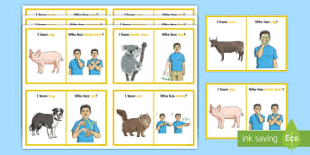 Auslan Animals I Have Who Has Cards - Auslan socialising, guided group activities, Auslan signing games, Auslan facial expressions, Auslan