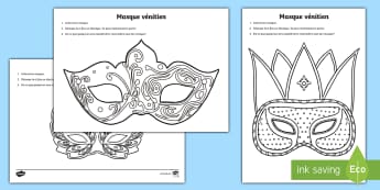 Carnival Venetian Masks Colouring Worksheet / Worksheet French - mardi gras, festivities, events, France, costumes, party, festival
