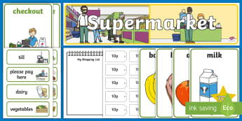 Supermarket Role Play Pack - Role Play Pack - Supermarket Role Play, supermarket resources, food, labels, till, customer, checkout, basket, food aisle, role play, display, poster, role play, Display signs, display, labels, pack