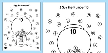 I Spy the Number 10 Worksheet - Centers, Dot Marker, Worksheet,  morning stations, math stations, early childhood number skills, num