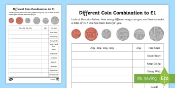 Money Coins Ks1 Currency Activities Resources Page 10 - different coin combination to 1 worksheet