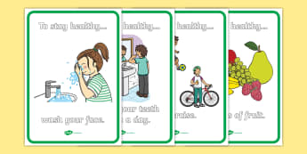 Health and Hygiene Display Posters - Good health, hygiene, behaviour management, eat fruit, walk to school, vegetables, exercise, brush teeth, wash hands, drink water