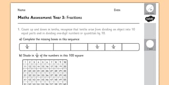 Year 3 Maths Assessment: Fractions Term 1 - fraction, numbers, assessment, Autumn Term Maths Assessment