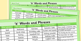 B' Word List - b, word list, word, list, b sound, sound, letter