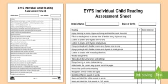 EYFS Individual Child Reading Assessment Sheet - EYFS Assessment, Early Years Assessment, Literacy, Reading Skills, Reading Progression, Phonics, Let