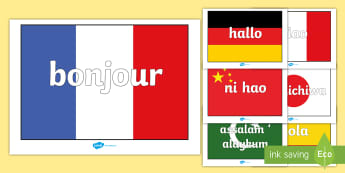 Hello on A4 Flags Languages - languages, hello, french, spanish, german, flags, A4, how to say hello, poster, sign, banner, display, italian, dutch