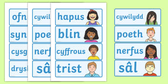 My Emotions Words Cards Welsh  -Welsh, emotions, emosiynau, teimladau, feelings, trafod, discuss, communicate, cyfathrebu
