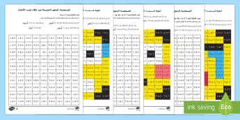 أوراق نشاط فسيفساء الرموزالتعبيرية  لضرب الأعداد - جدول الضرب، ضرب الأعداد، عربي، رياضيات، حساب، موزاييك