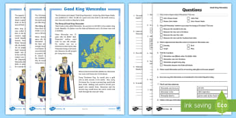 KS2 Good King Wenceslas Differentiated Reading Comprehension Activity - retrieve and record information from text, christmas, summarise ideas, answer questions, SATs style 