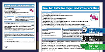 Carol Ann Duffy One-Pager: In Mrs Tilscher's Class