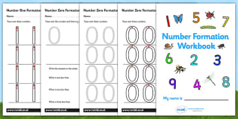 Minibeasts Themed 0-9 Number formation Workbook - number formation workbook, minibeasts, number writing practise sheets, writing, minibeast number practise, overwriting