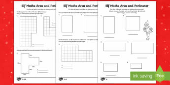 Elf Area and Perimeter Differentiated Worksheet / Worksheets - LKS2, maths, Christmas, elf, area, perimeter, measure, lower ks2, key stage 2.