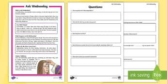 Ash Wednesday Differentiated Comprehension Worksheets - Ash Wednesday, Lent, Easter, reading comprehension, reading, independent reading, questions and answ