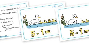 Five Little Ducks Number Sentence Frames - Five Little Ducks, nursery rhyme, rhyme,sequencing,  rhyming, numeracy, numbers, number sentence frame, frames, sentence, nursery rhyme story, nursery rhymes, counting rhymes, taking away, subtraction, Five