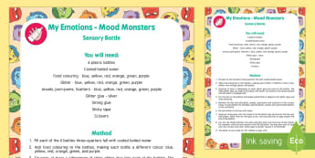 My Emotions Mood Monsters Sensory Bottle - All About Me/Ourselves - My Emotions, feelings, angry, sad, surprised, happy, excited, scared, calm 