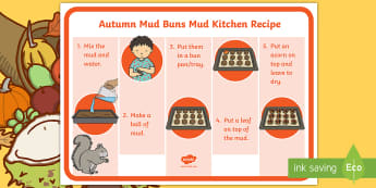 Autumn Mud Buns Mud Kitchen Prompt Card Recipe - Early Years Mud Kitchen, Mud Kitchen Recipe, Mud Kitchen Recipe Card, Mud Cafe, Garden Cafe, Outside