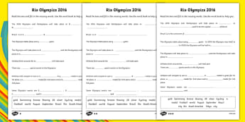 Rio Olympics 2016 SEN Cloze Differentiated Worksheet / Worksheet Pack, worksheet