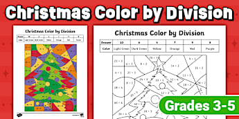 Christmas Division Color by Number for 3rd-5th Grade