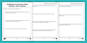 Fifth Grade Multiplying Fractions by Whole Numbers: Word Problems Practice Worksheet