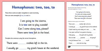 Homophones To Two Too Worksheet - homophones to two too, worksheet, homophones, homophone, to, two, too, worksheet, work sheet, grammar, English