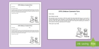 EYFS Childcare Comments Form - EYFS, Early Years, Childminders, Nanny, After School Club, Observations, Report Writing.