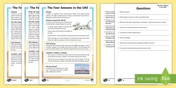 UAE Four Seasons Differentiated Reading Comprehension Activity - UAE seasons, UAE science, UAE about, UAE fact file, UAE Weather