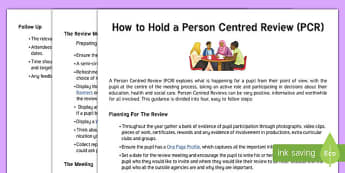 How to Hold a Person Centred Review Guidance Sheet - person centred review, annual, guidance, review, how to, sen, assess