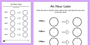An Hour Later Worksheet - time worksheet, analogue clock worksheet, clock worksheet, telling the time, time telling, an hour later, time conversion