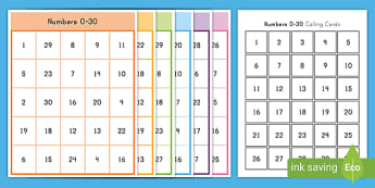 First Grade Number Recognition 0-30 Bingo Game
