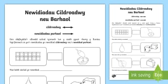Taflen Weithgaredd Newidiadau  Cildroadwy neu Barhaol - Gwyddonaieth, priodweddau, newid, Anwrthdroadwy, gwrthdroadwy, dŵr, siocled, bara,Welsh