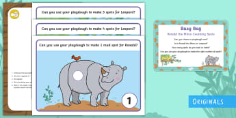 Ronald the Rhino Counting Spots  Busy Bag Prompt Card and Resource Pack - Maths, Number 2 Year Old, Number Counting, Twinkl Fiction, Rhinoceros, Leopard, Numerals, Malleable,