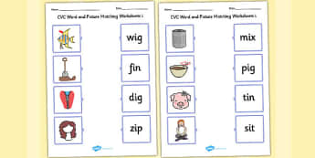 CVC Word and Picture Matching Worksheets i - cvc, matching, i