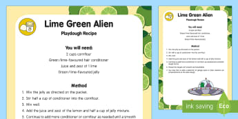 Lime Green Alien Playdough Recipe - Aliens Love Underpants, Claire Freedman, space, green playdough, lime, sensory play, messy play