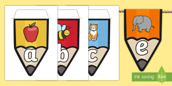 Alphabet Pencil Bunting with Pictures - alphabet, pencil, bunting